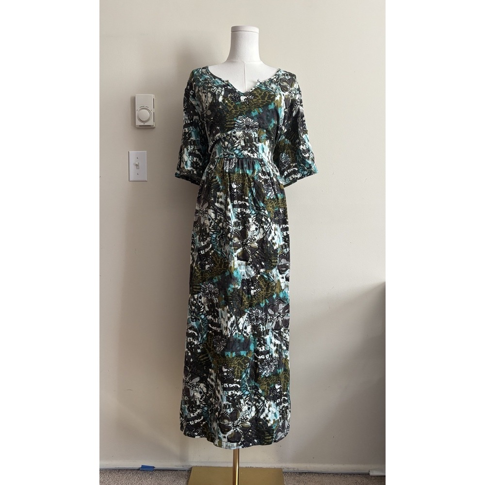 Ulla Popken 16 18 Dress XL XXL Boho Floral Blue Green Cotton Pockets Pullover